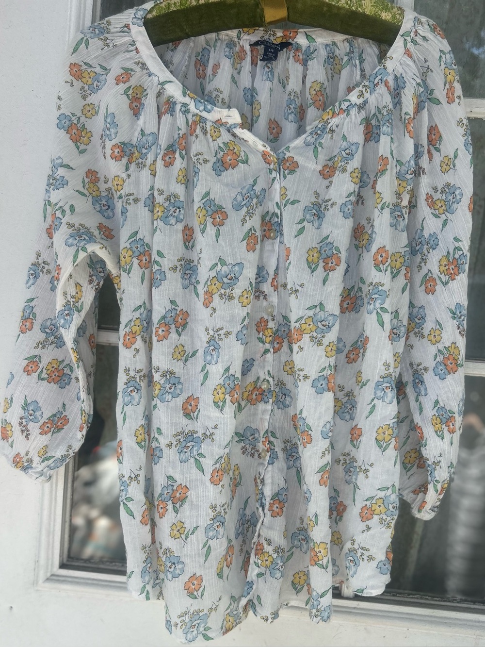 Chaps Floral Crinkle Peasant Blouse White Blue Orange Boho Cottagecore L